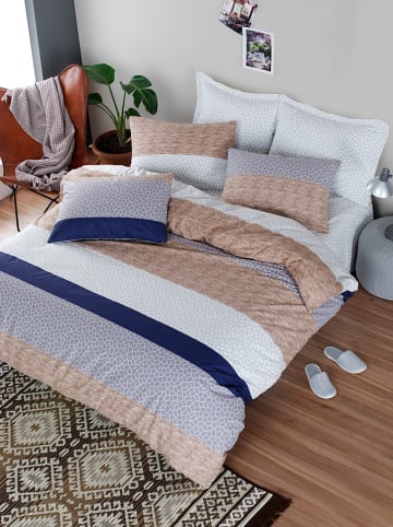 Elizabed Renforcé-Bettwäsche-Set in Beige/ Blau/ Grau
