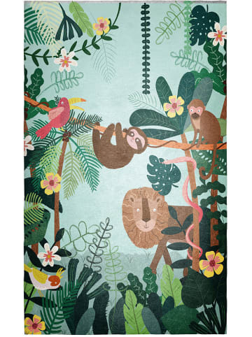 Folkifreckles Tapijt "Jungle Friends" lichtblauw/groen - (L)180 x (B)135 cm