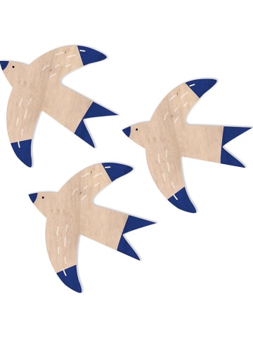 Folkifreckles Wanddecoratie "Vogels" naturel/blauw - 3 stuks - (B)10 x (H)10 cm