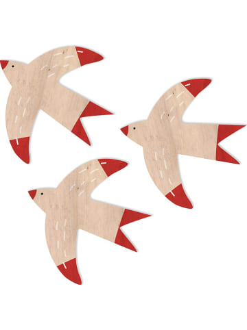 Madre Selva Kids Wanddecoratie "Vogels" naturel/rood - 3 stuks - (B)10 x (H)10 cm