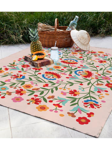 Folkifreckles Picknickdecke "Mexican Flowers" in Beige/ Rot - (L)170 x (B)140 cm