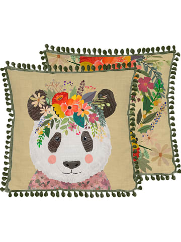 Folkifreckles Kissenhülle "Floral Panda" in Beige/ Bunt - (L)45 x (B)45 cm