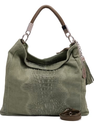 Anna Morellini Leder-Schultertasche "Alessandra" in Khaki - (B)38 x (H)36 x (T)14 cm