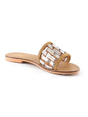 Manoukian shoes Skórzane klapki "Sabra" w kolorze jasnobrązowo-srebrnym