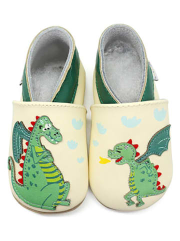 Lait et Miel Skórzane buty "Dragon" w kolorze zielono-żółtym do raczkowania