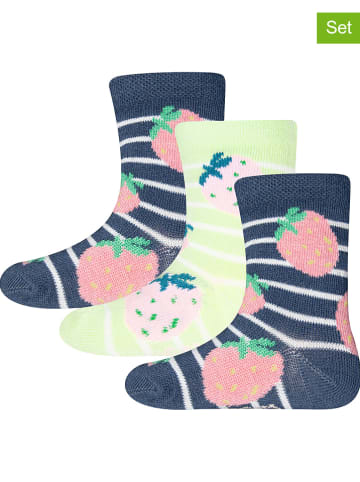 ewers 3-delige set: sokken "Aardbeien" donkerblauw/groen