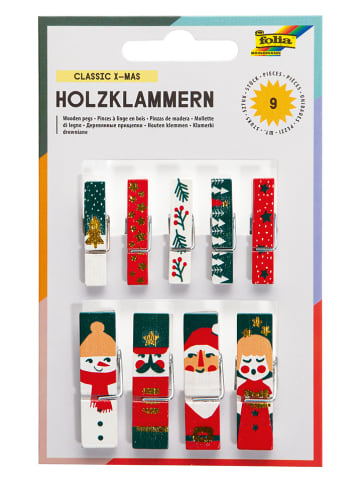 Folia Houten klemmen "X-mas II" groen/rood/wit - 9 stuks