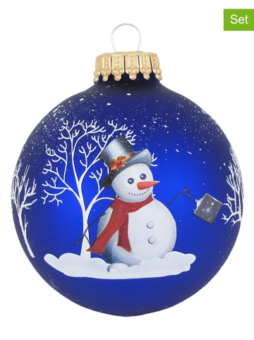 Krebs Glas Lauscha Christbaumkugeln "Schneemanndekor" in Blau - 4 Stück - Ø 7 cm