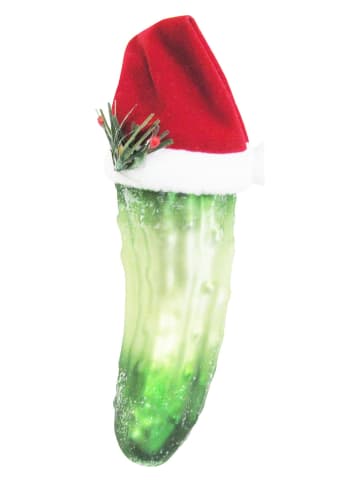 Krebs Glas Lauscha Kerstboomversiering "Kerstkomkommer met stoffen hoed" groen/rood - (L)14 cm