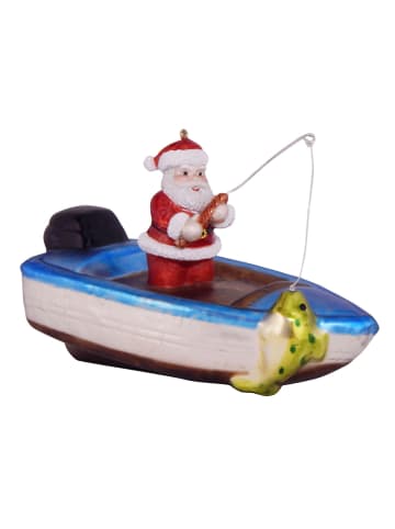Krebs Glas Lauscha Christbaumornament "Fischerboot mit Weihnachtsmann" in Bunt - (B)8 cm