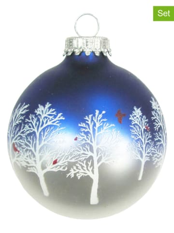 Krebs Glas Lauscha Kerstballen "Winterwoud en kardinaal" zilverkleurig/blauw - 4 stuks