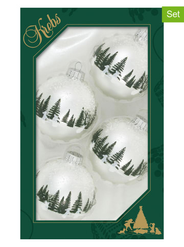 Krebs Glas Lauscha Kerstballen "Winterbos en konijnen" wit/groen - 4 stuks