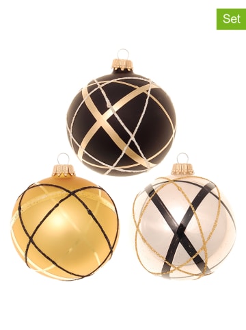 Krebs Glas Lauscha Kerstballen "Art Deco" crème/goudkleurig/zwart - 3 stuks - Ø 8 cm
