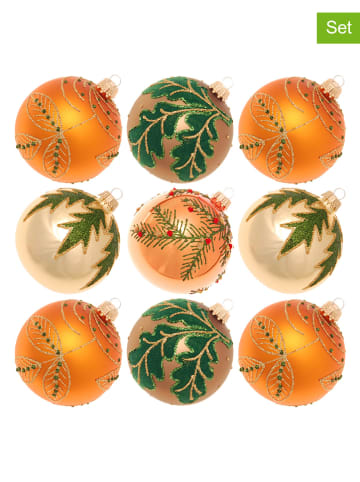 Krebs Glas Lauscha Kerstballen "Kerstland" oranje goudkleurig groen - 9 stuks - Ø 8 cm