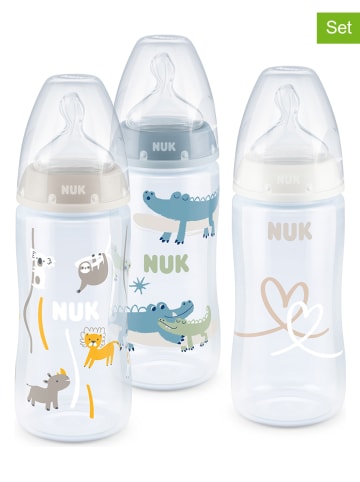 NUK 3er-Set: Babyflaschen "First Choice+" in Grau/ Hellblau - 3x 300 ml, Gr. 1