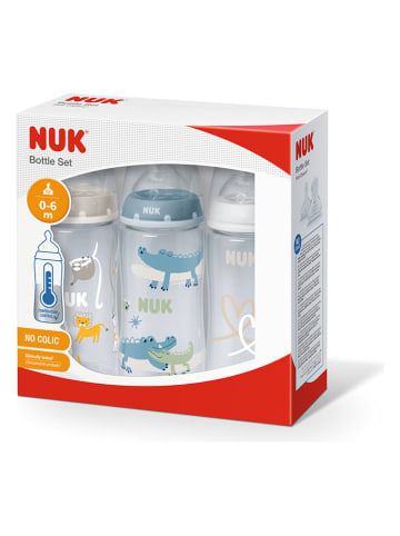NUK 3er-Set: Babyflaschen "First Choice+" in Grau/ Hellblau - 3x 300 ml, Gr. 1