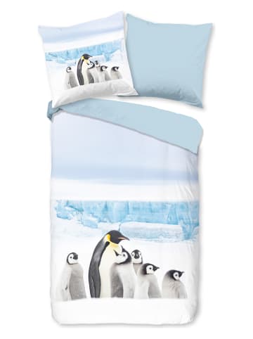 Good Morning Flanellen beddengoedset "Pinguin" lichtblauw/wit