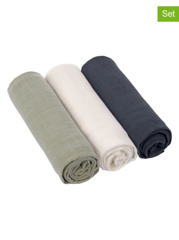 Lässig 3er-Set: Mulltücher in Oliv/ Weiß/ Dunkelblau - (L)85 x (B)85 cm