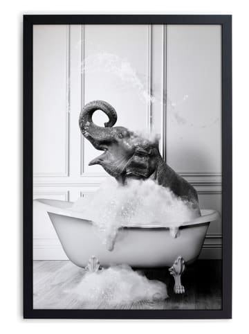 Folkifreckles Gerahmter Kunstdruck "Elephant Bath" in Weiß/ Schwarz - (B)30 x (H)40 cm