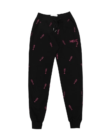 PLNY Spodnie dresowe "Prosecco" w kolorze czarno-różowym ze wzorem