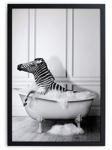Folkifreckles Druk artystyczny "Zebra Bath" w kolorze czarno-białym w ramce - 30 x 40 cm