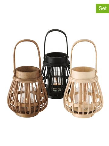 Boltze 3-delige set: windlichten "Ilvie" lichtbruin/beige/zwart - (H)16 x Ø 14 cm