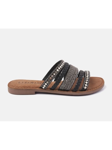 Lazamani Leren slippers zwart/zilverkleurig