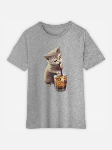WOOOP Koszulka "Cat loves soft drink" w kolorze szarym