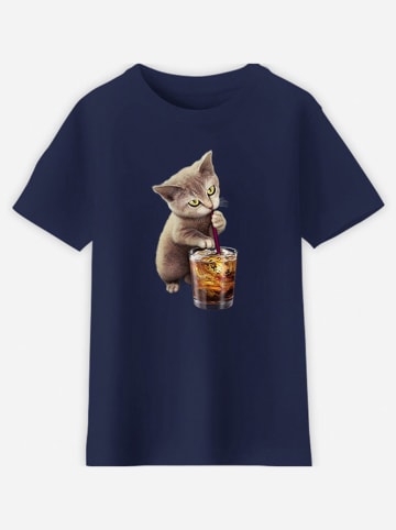 WOOOP Shirt "Cat loves soft drink" donkerblauw