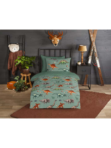Good Morning Flanellen beddengoedset "Dinono" groen