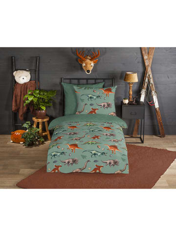 Good Morning Flanellen beddengoedset "Dinono" groen