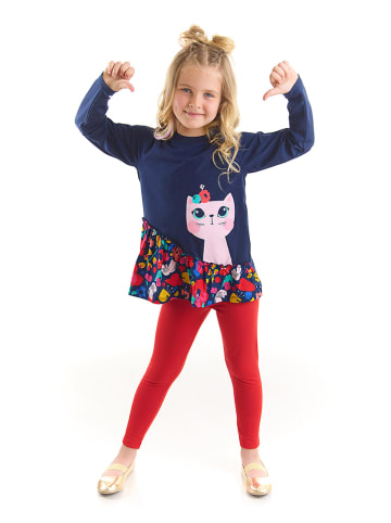 Denokids 2-delige outfit "Cat in Flowers" donkerblauw/rood