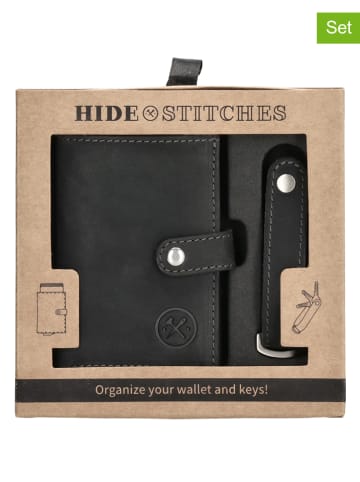 HIDE & STITCHES 2-delige set: leren portemonnee en sleutelhanger zwart