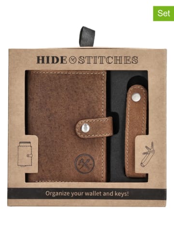 HIDE & STITCHES 2-delige set: leren portemonnee en sleutelhanger bruin