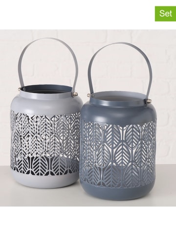 Boltze 2-delige set: windlichten "Blata" zilverkleurig/blauw - (H)20 cm