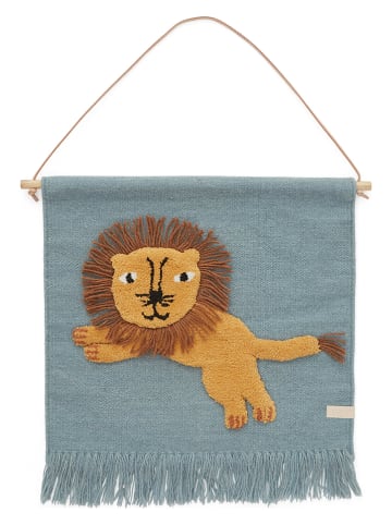OYOY mini Woll-Wandteppich "Jumping Lion" in Blau - (B)52 x (H)55 cm