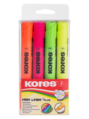 Kores Textmarker "High Liner Plus" - 4er Pack - Orange, Pink, Grün, Gelb