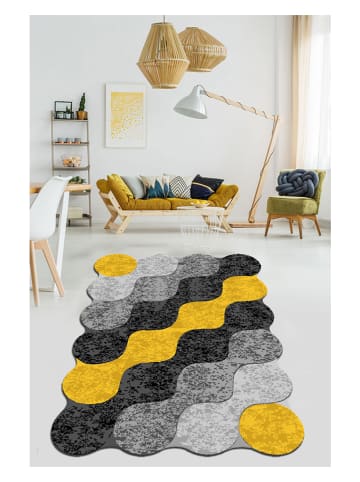Mioli Laagpolig tapijt "Circle Djt" geel/antraciet/grijs