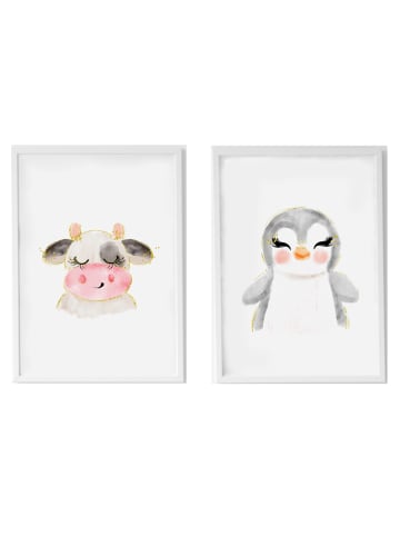 Crochetts 2-delige set: ingelijste kunstdrukken "Koe en Pinguïn" - (B)33 x (H)43 cm