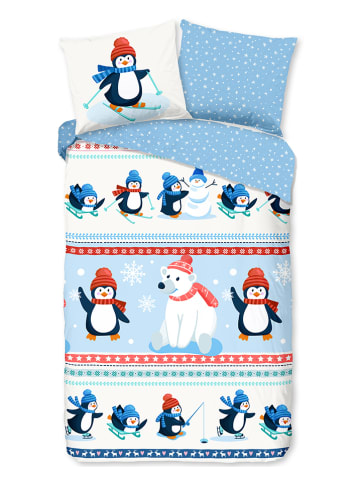 Good Morning Flanellen beddengoedset "Penguins" blauw