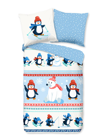 Good Morning Flanellen beddengoedset "Penguins" blauw