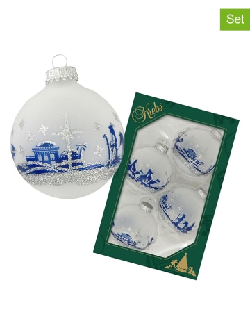 Krebs Glas Lauscha Kerstballen wit/zilverkleurig/blauw - 4 stuks - Ø 7 cm