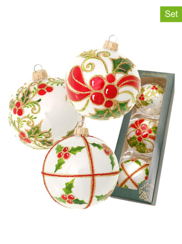 Krebs Glas Lauscha Kerstballen wit/groen/rood - 3 stuks - Ø 8 cm
