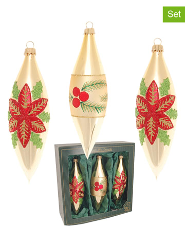 Krebs Glas Lauscha Christbaumornamente "Weihnachtsstern & Beeren" in Gold/ Rot - 3 Stück