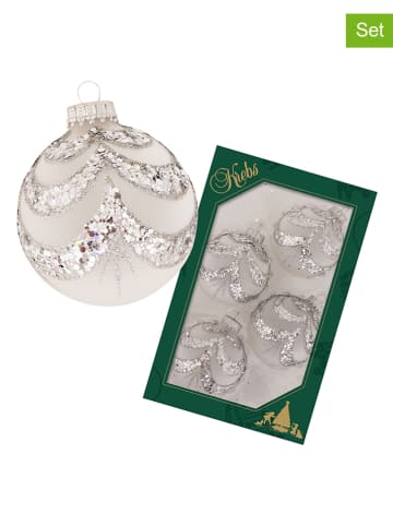 Krebs Glas Lauscha Kerstballen wit/zilverkleurig - 4 stuks - Ø 7 cm