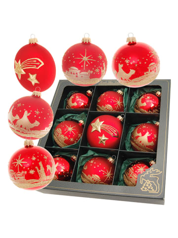 Krebs Glas Lauscha Kerstballen rood/goudkleurig - 9 stuks - Ø 8 cm