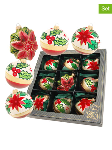 Krebs Glas Lauscha Christbaumkugeln in Grün/ Rot - 9 Stück