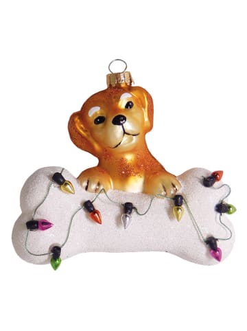 Krebs Glas Lauscha Christbaumornament "Hund mit Knochen und Lichterkette" in Weiß/ Braun - (L)9 cm