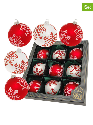 Krebs Glas Lauscha Kerstballen rood/wit - 9 stuks - Ø 8 cm