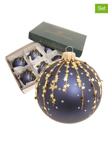 Krebs Glas Lauscha Kerstballen donkerblauw/goudkleurig - 6 stuks - Ø 8 cm
